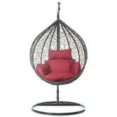 Hectarul - Scaun suspendat tip scoica din ratan, terasa/ balcon, perne rosii, cadru otel negru, 105x105x196 cm